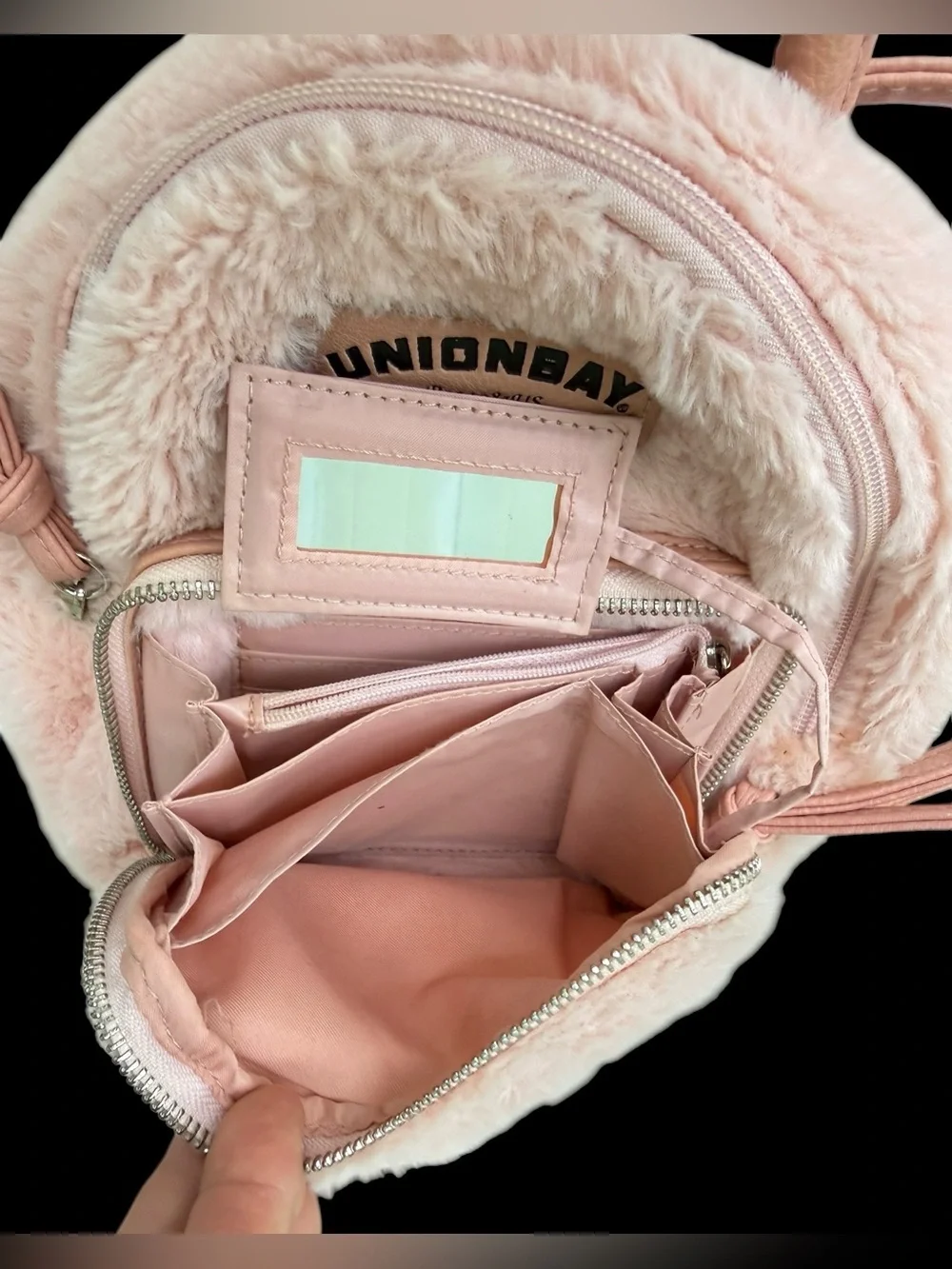 UnionBay Faux Pink Fur Small Backpack Inside Compartments 9” X 11” New